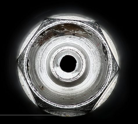 Metal Fitting with threads (failed) to attache Hose Fitting to Remote of to RockShox Reverb Stealth Dropper Post, 10:1, 10x Magnification